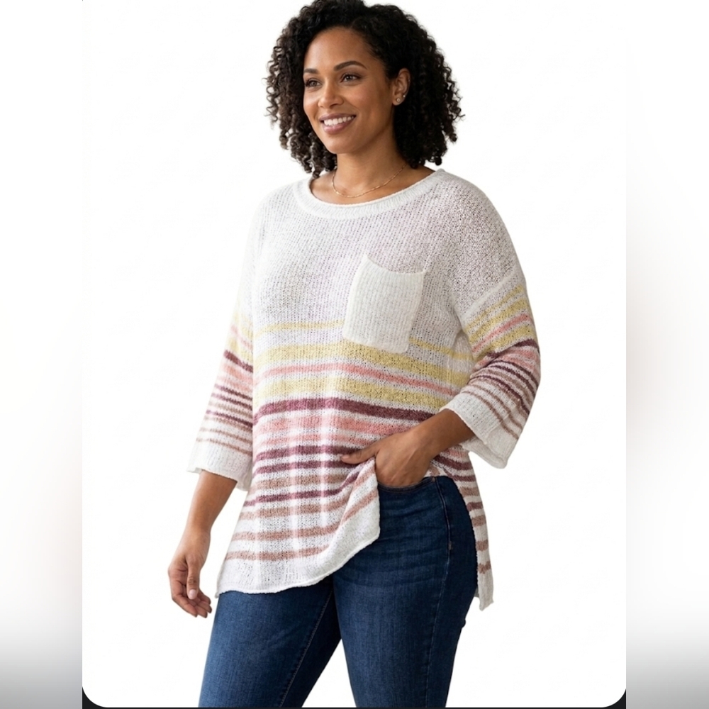 POL Natural White Striped 3/4 Sleeve Pocket Knit Tunic Sweater Size Medium